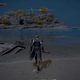 An armored warrior holding a spear stares across an open body of water at a forested island.